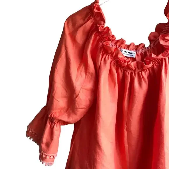 Paris Susan Sutherland Linen Blouse XL Coral Embroidered - Picture 6 of 16